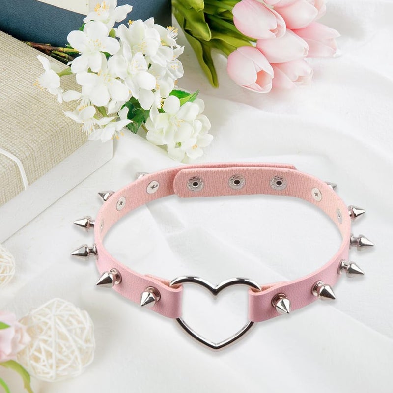 CALFOVERA Gothic Studded Rivets Choker Collar Punk Rock Alloy Hollow Love Heart Necklace Cosplay PU Leather Spiked Choker Jewelry Collar Chain Necklace Decorations for Women Party Cosplay Decorations (Pink) - Image 4